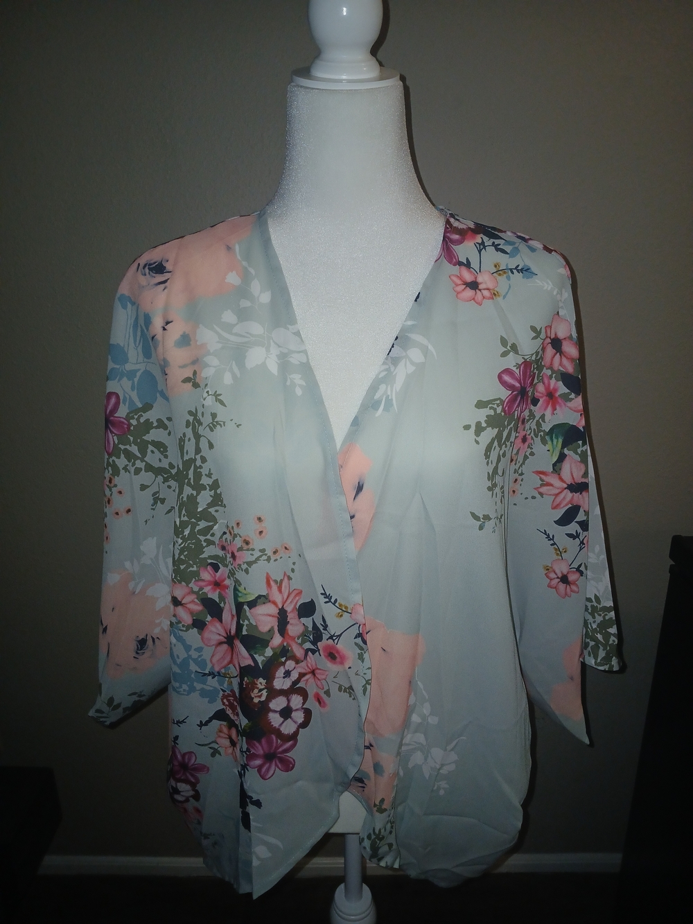Light Blue Floral Kimono Sleeve Wrap Top